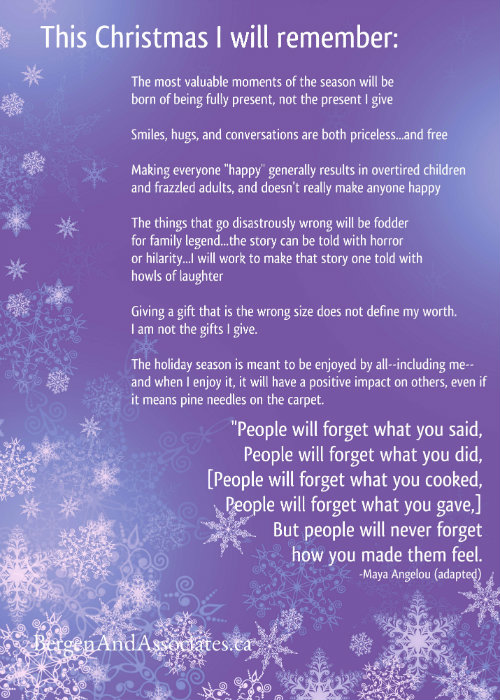 Poster for fridge by Bergen and Associates counselling promoting a sane, authentic, and imperfect Christmas